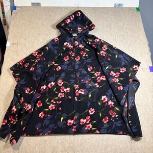 Le Moda Floral Fleece Poncho Women OS Navy Pink Zip Hooded Wrap Jacket Cozy Boho